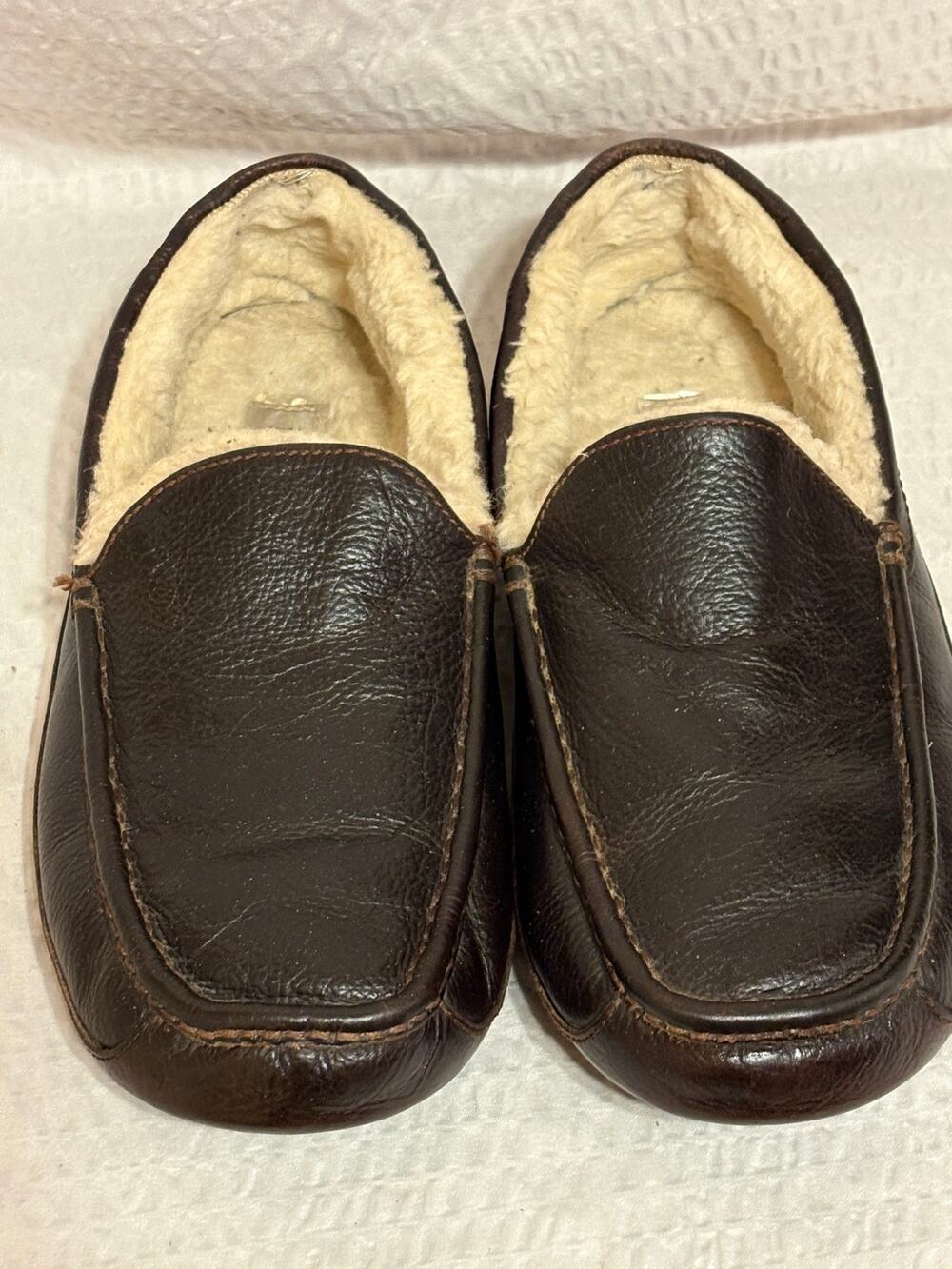Ugg Ascot Brown Leather Shearling Lined Moccasin Slippers Men’s 11 Rubber Soles